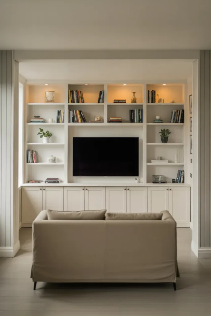 a small living room with a floor-to-ceiling white built-in media wall