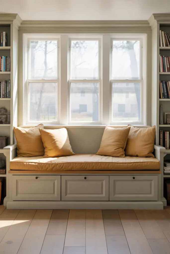 a small living room with a full-width built-in window seat