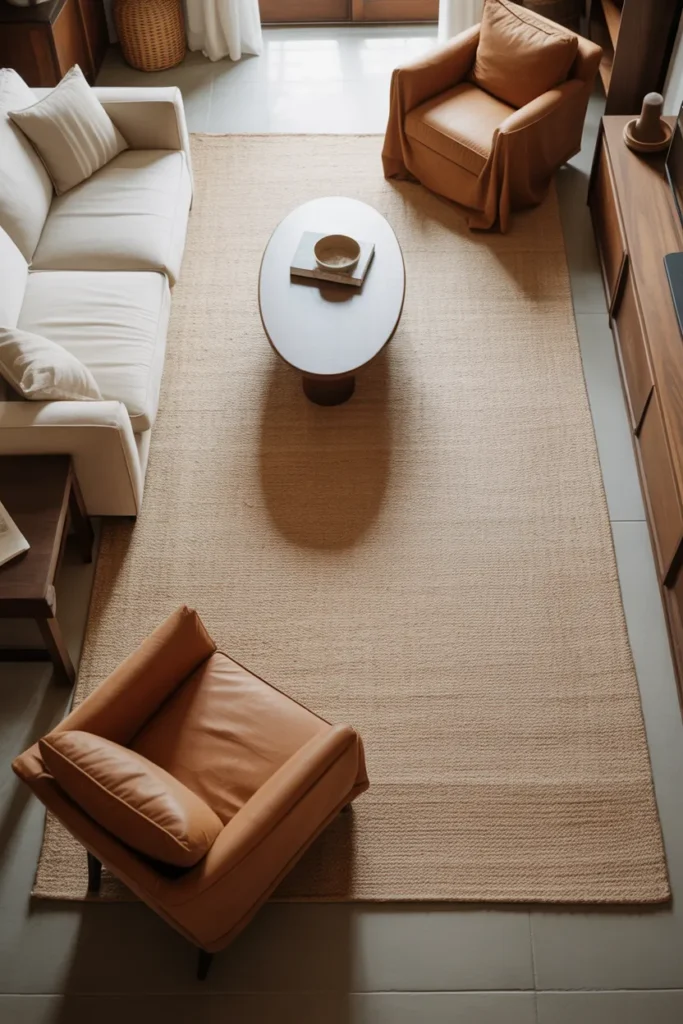 a small living room with a large 8x10 foot light natural jute rug