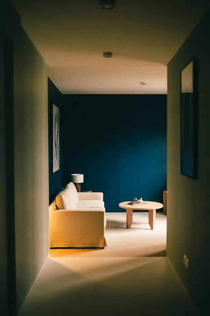 a small living room with a single deep midnight navy accent wall at the far end