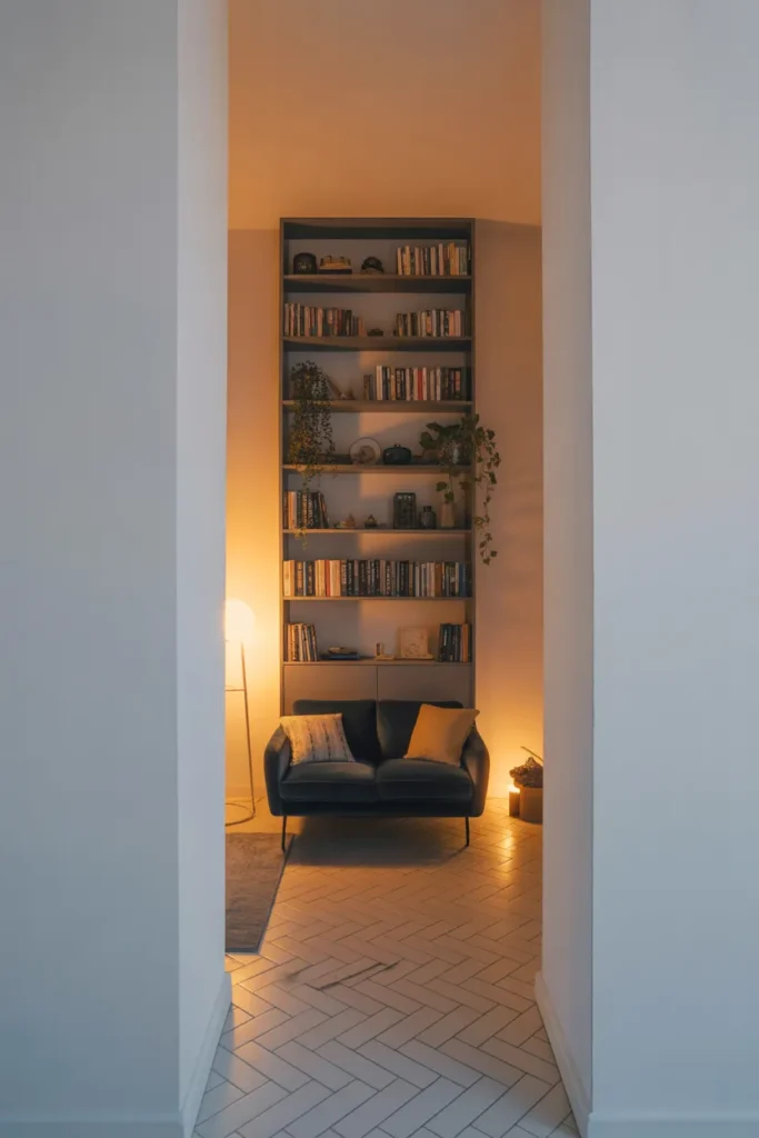 a small living room with a tall floor-to-ceiling slim bookcase unit