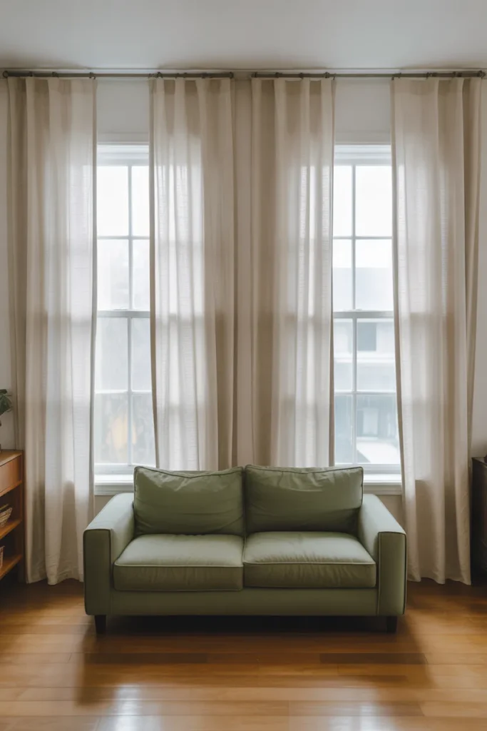 a small living room with ceiling-height linen curtain