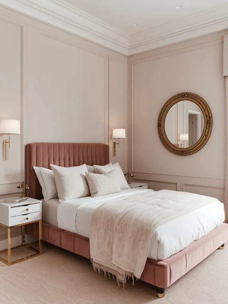 a small modern glam bedroom with a queen velvet bed frame