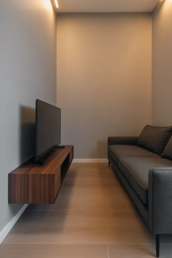 a small modern living room with a dark walnut floating wall-mounted media console