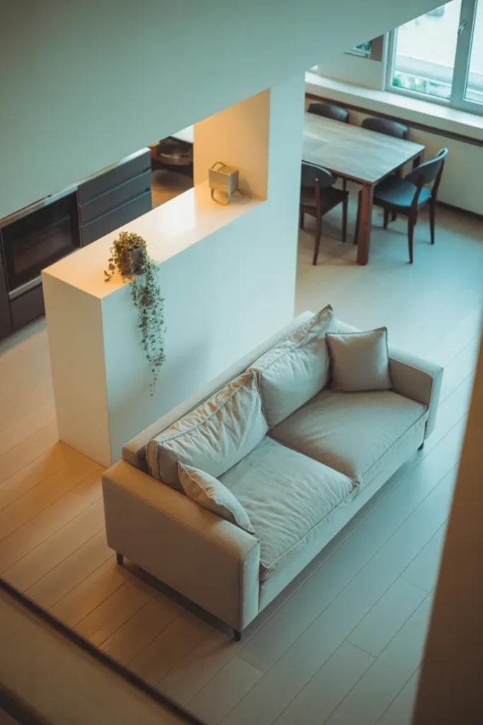 a small open-plan apartment living area with a light gray linen sofa