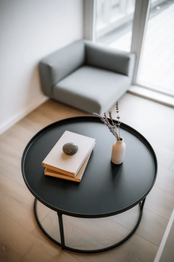 a small round black metal coffee table