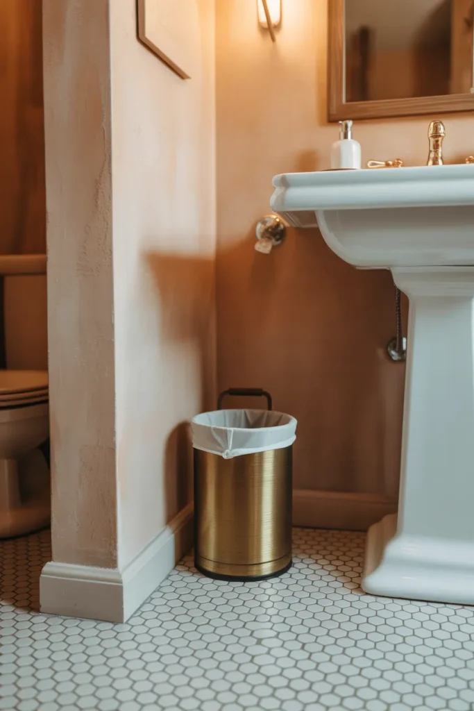 a small round brushed gold metal wastebasket
