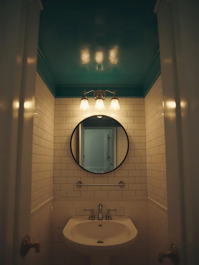 a small white bathroom with a bold deep teal painted ceiling