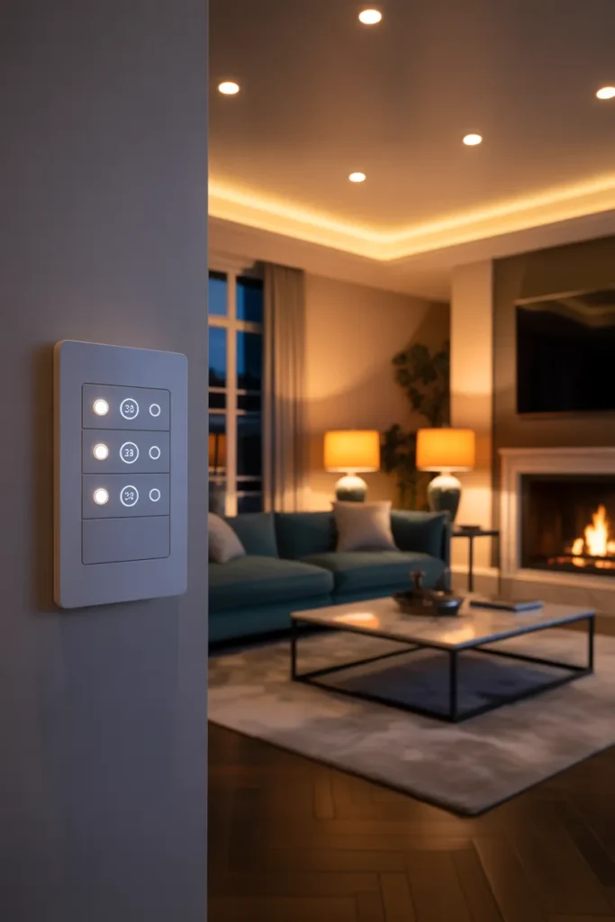 a smart wall-mounted dimmer panel with four scene buttons visible on a side wall