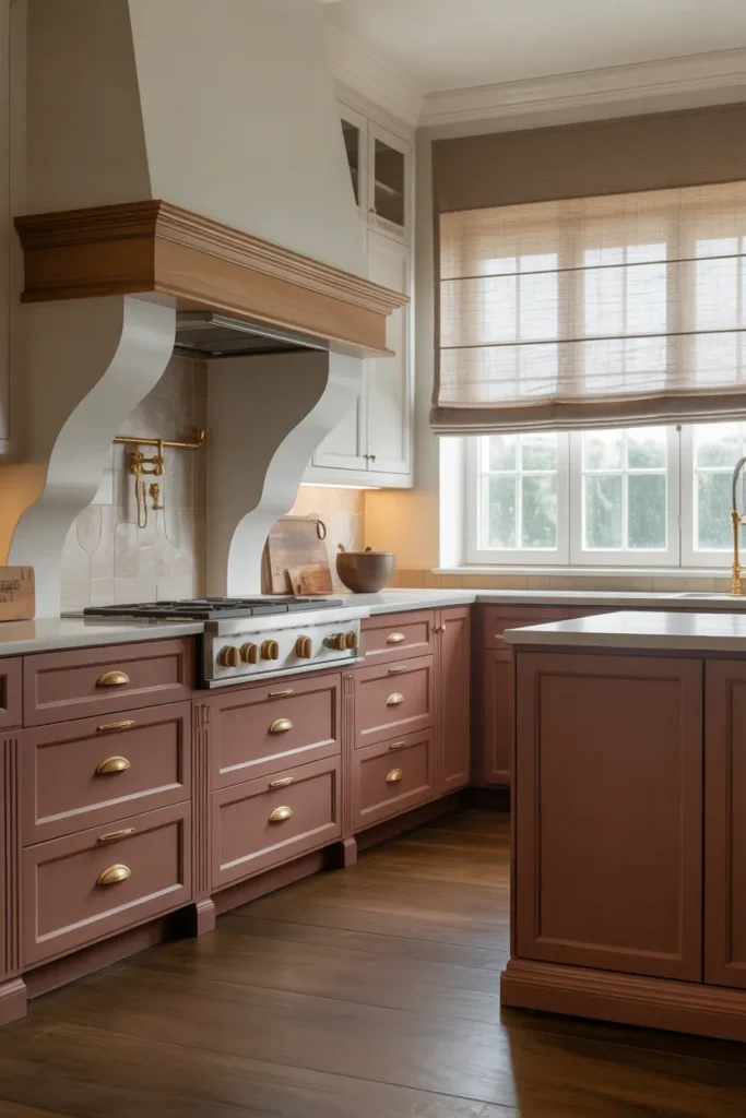 a sophisticated kitchen with dusty rose matte-painted lower cabinets