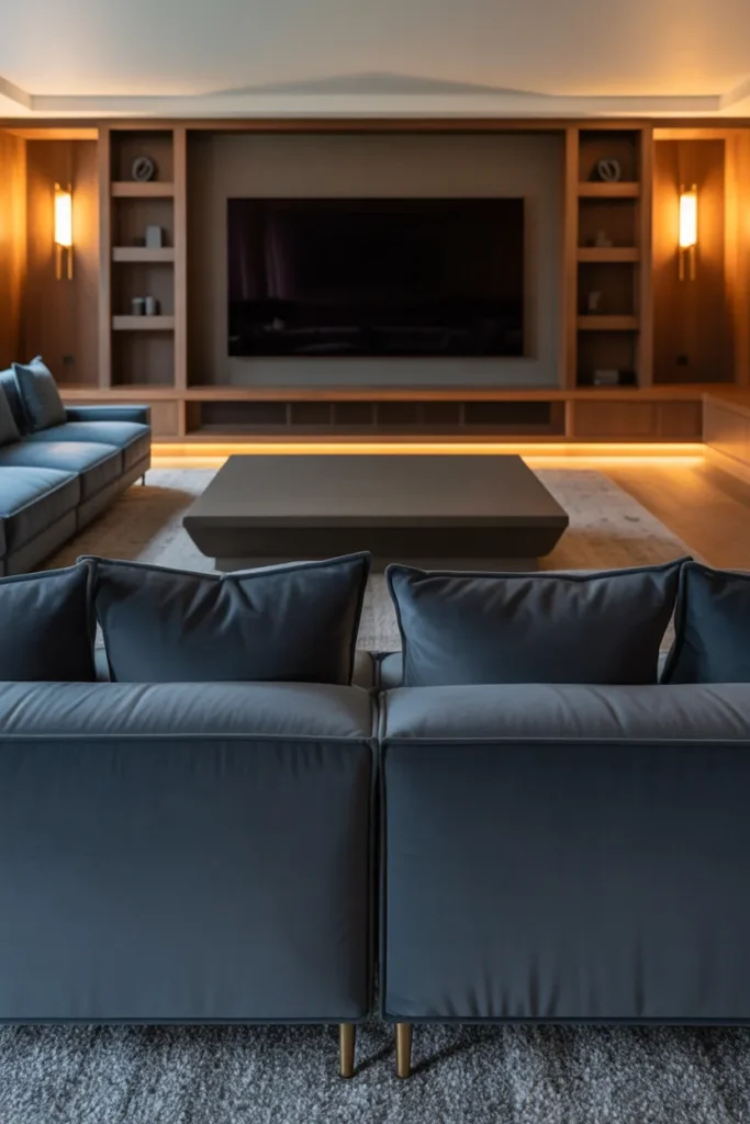 a sophisticated media room with a large plush navy sectional sofa