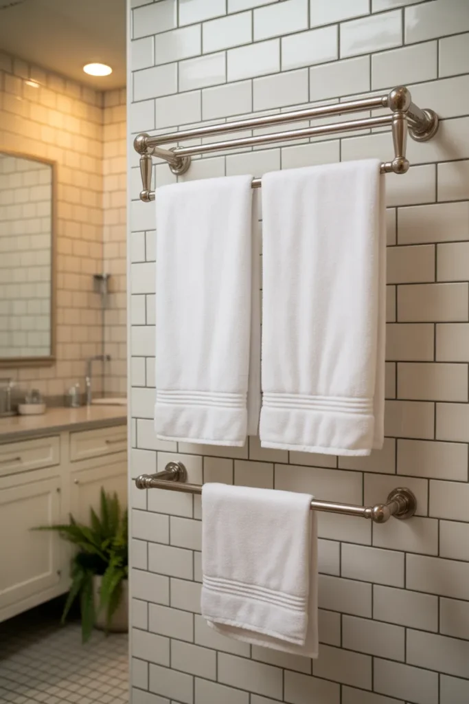 a spa-style bathroom featuring a wide polished chrome double towel bar