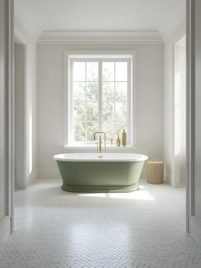a spacious bright bathroom with a matte sage green freestanding oval bathtub