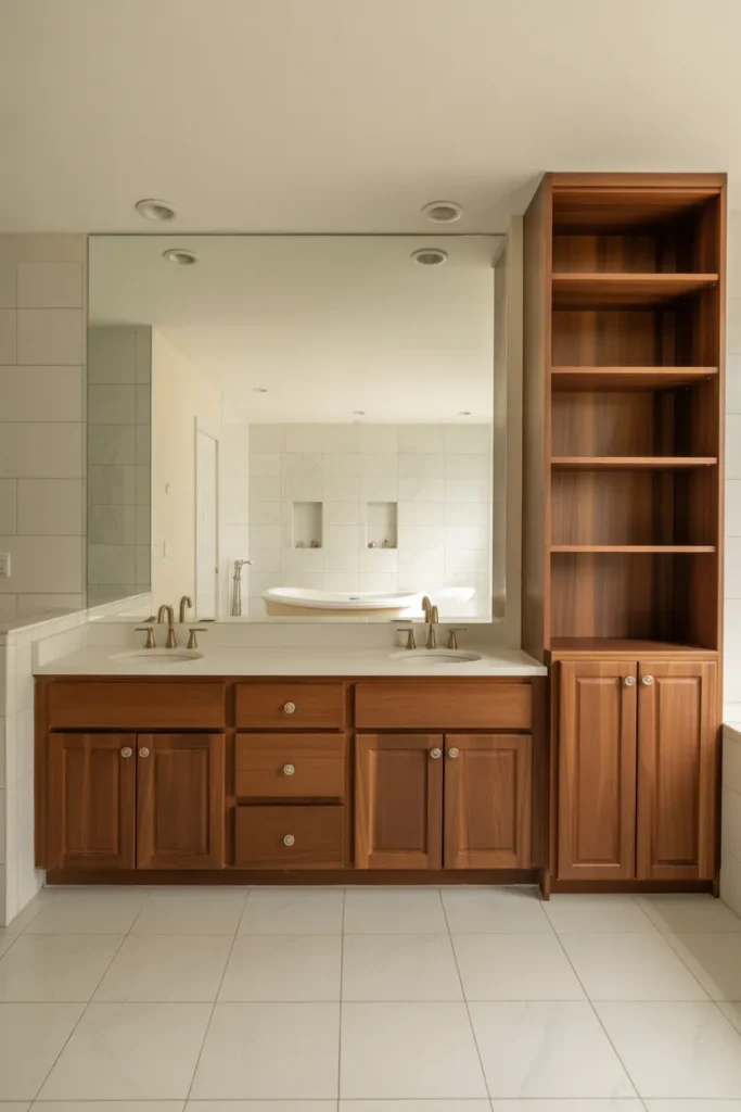 a spacious master bathroom with a long double sink vanity