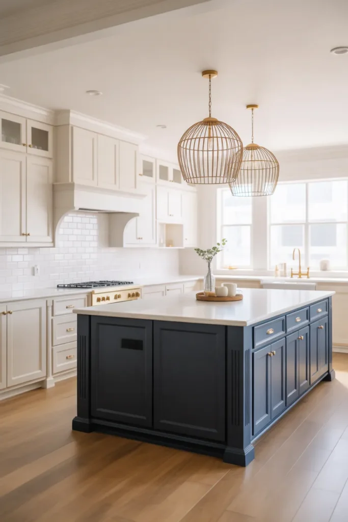 a spacious white kitchen with a large navy blue painted island