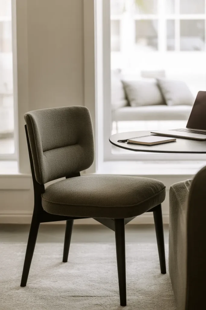 a streamlined upholstered accent chair in charcoal fabric