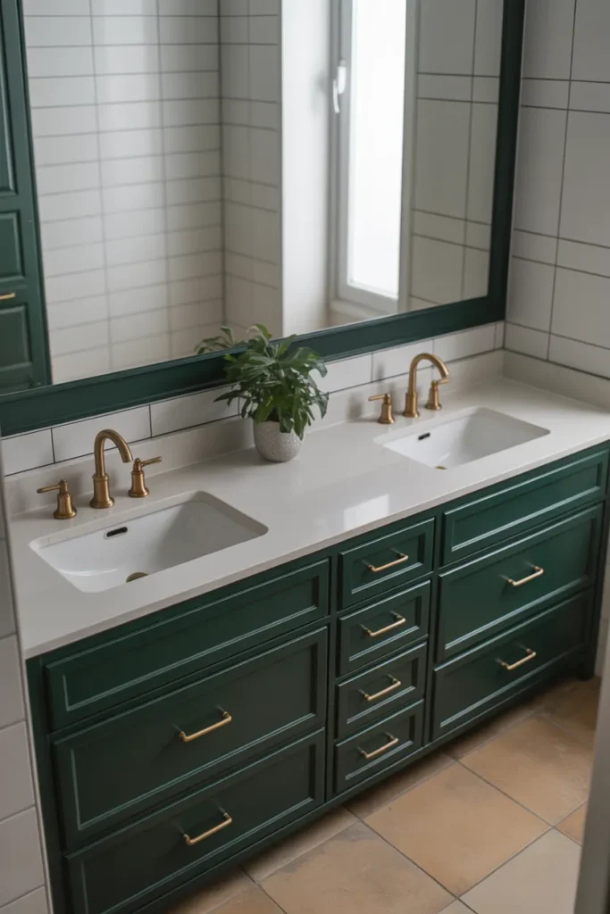 a striking bathroom with a double sink vanity in deep forest green matte finish