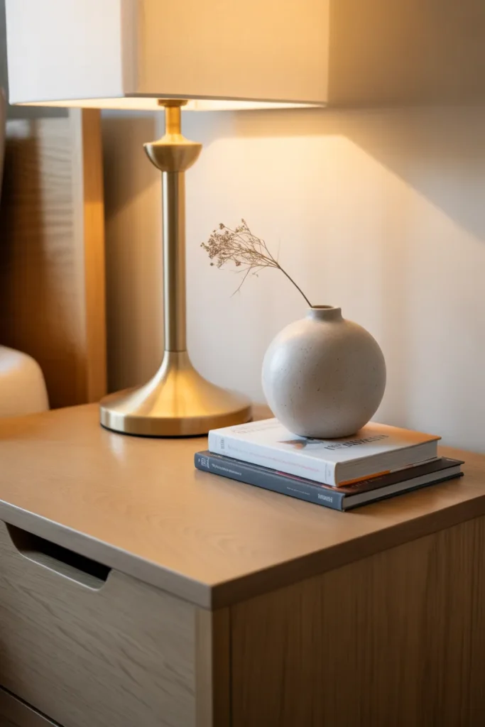 a styled oak nightstand surface
