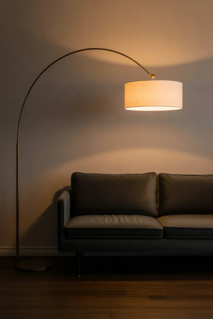 a tall brass arc floor lamp arching