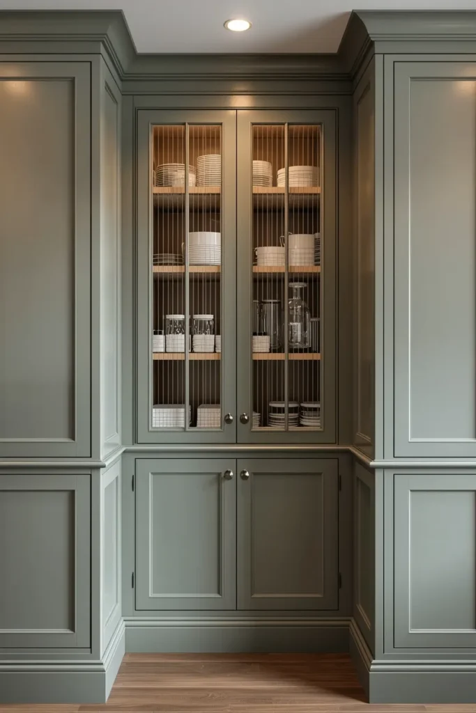 a tall glass-front corner pantry cabinet