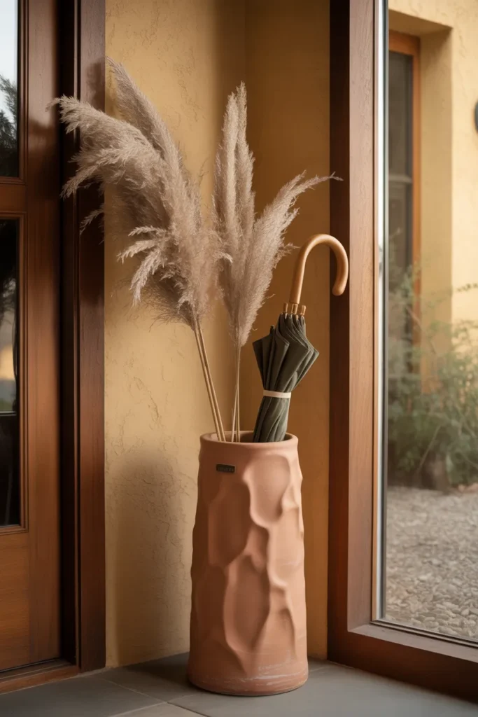 a tall hand-thrown terracotta ceramic umbrella stand