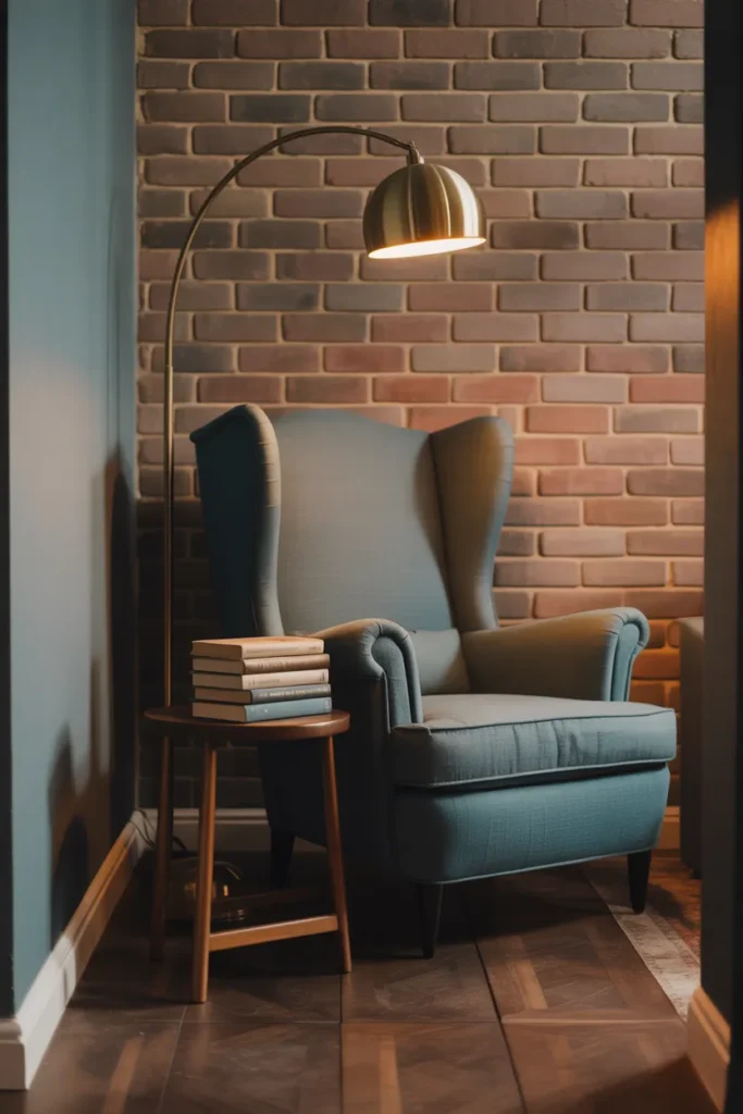 a tall wingback chair in dark teal linen fabric positioned in a corner