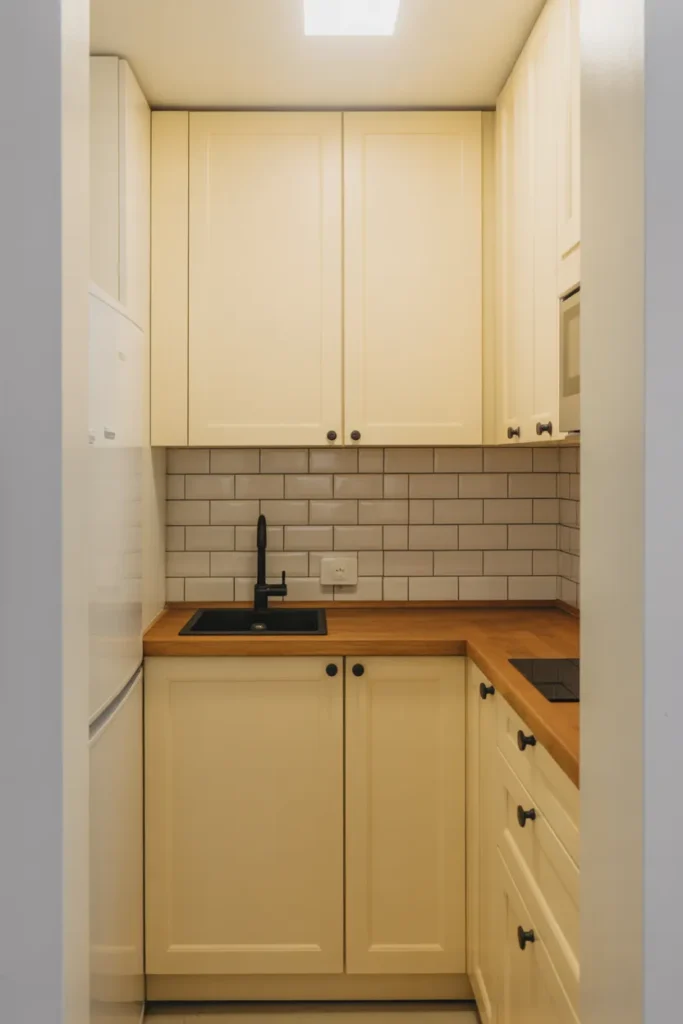 a tiny apartment galley kitchen entirely in creamy off-white — cabinets