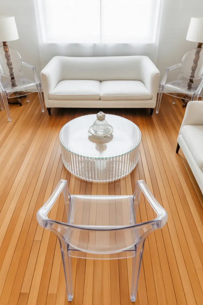 a tiny bright living room with a clear acrylic round coffee table in the center