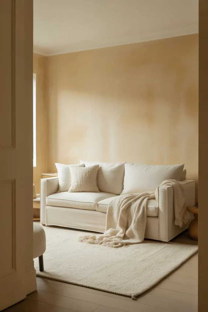 a tiny living room executed entirely in warm cream and ivory tones