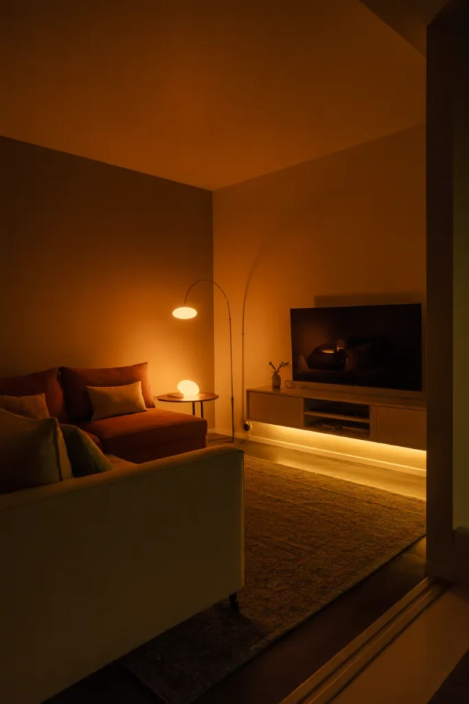 a tiny living room lit entirely by layered artificial light sources