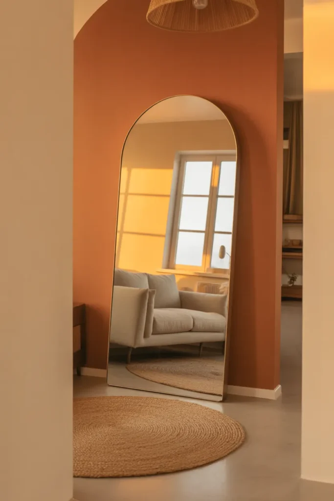 a tiny living room with a large arched floor mirror leaning against a soft terracotta accent wall