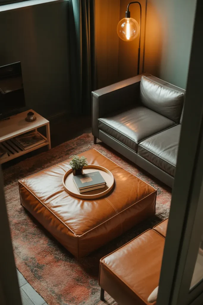 a tiny living room with a large square cognac leather ottoman