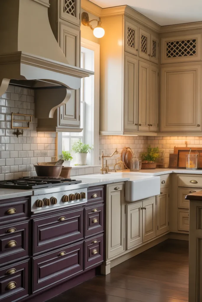a traditional-style kitchen with dark plum-painted base cabinets