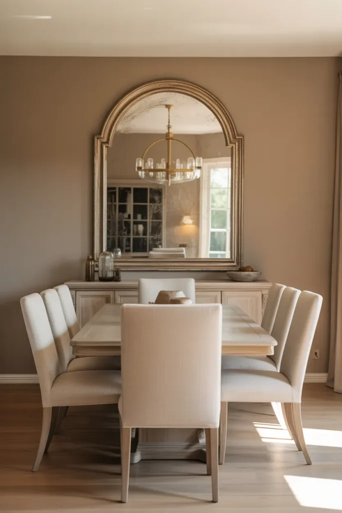 a transitional dining room with a large arched antiqued brass-framed mirror
