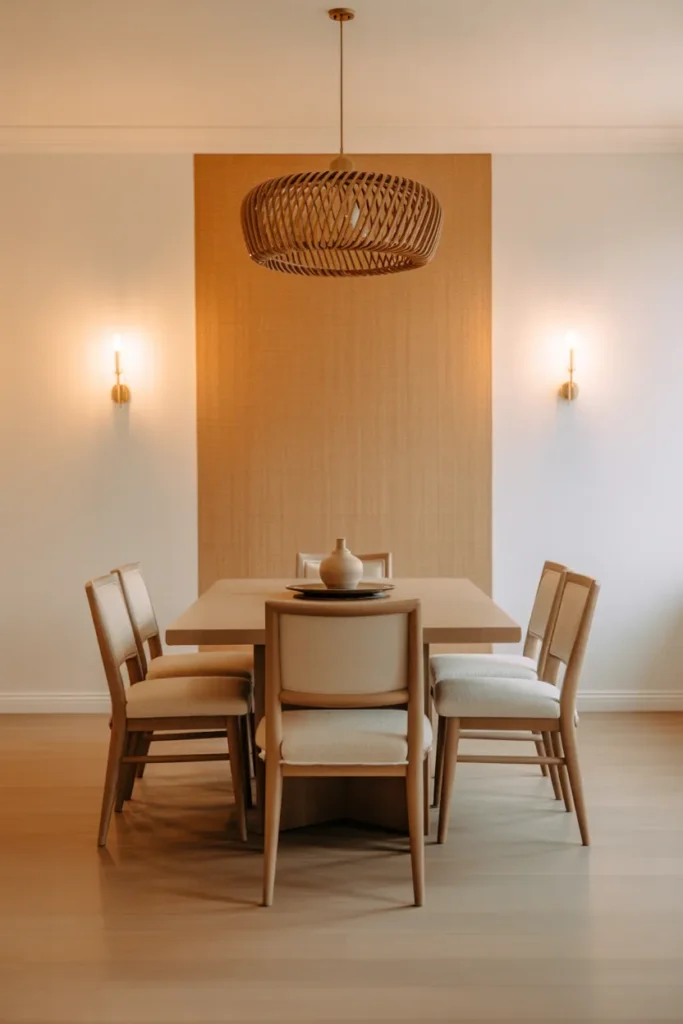 a transitional dining room with a single grasscloth accent wall