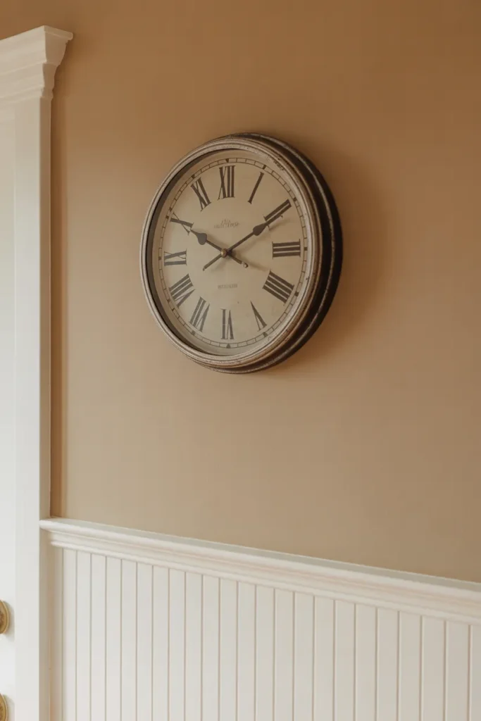 a vintage-style round wall clock featuring a cream face with Roman numerals
