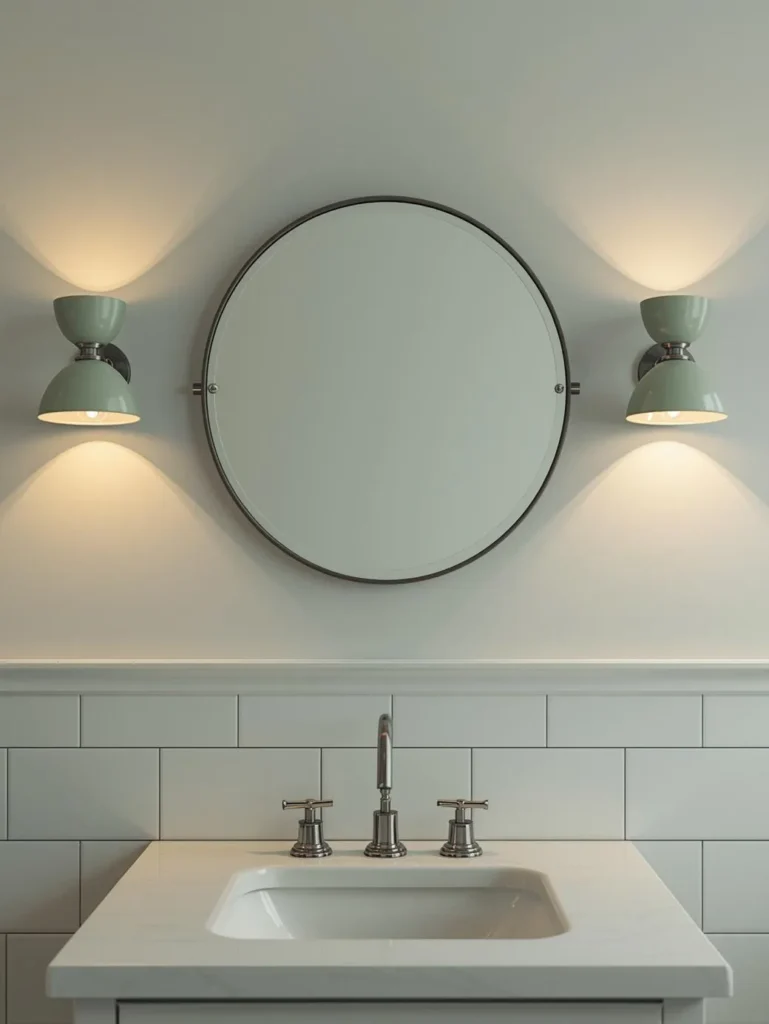 a white bathroom vanity wall with two sage green ceramic wall