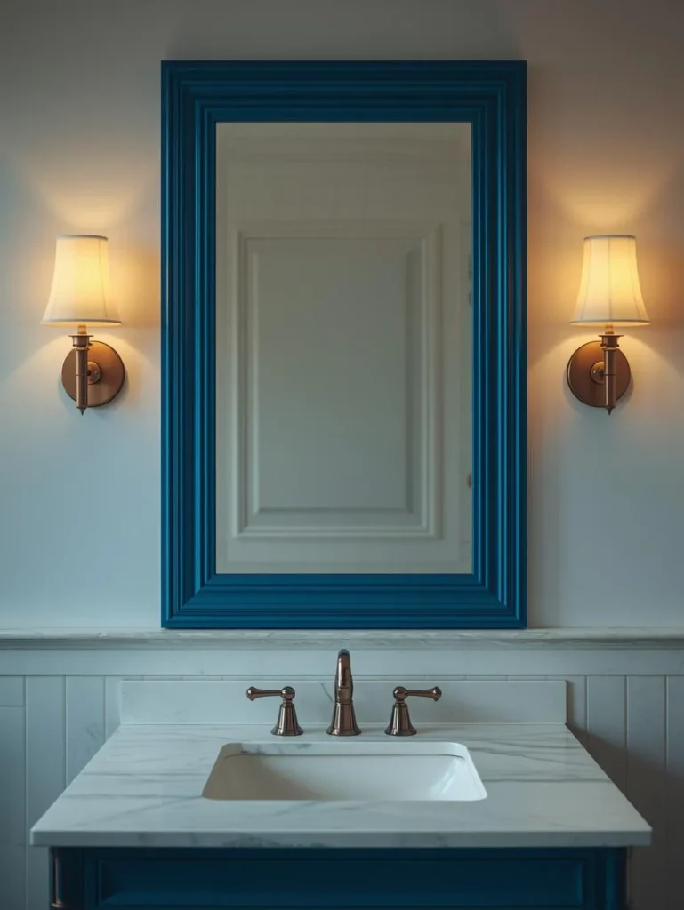 a white bathroom vanity with a wide cobalt blue painted