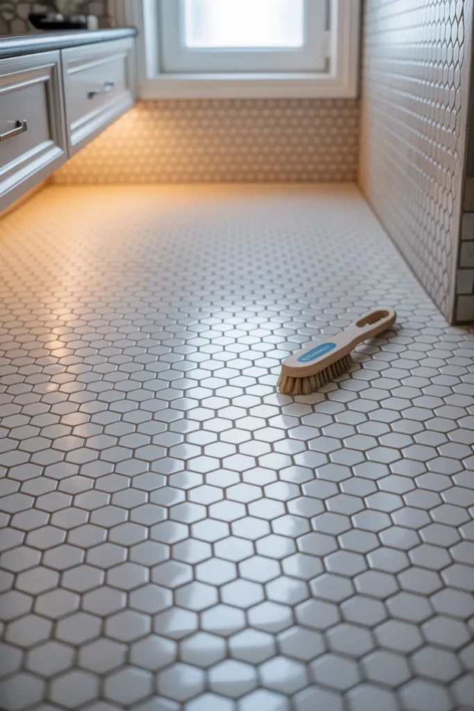 a white hexagonal mosaic bathroom floor with bright white grout lines