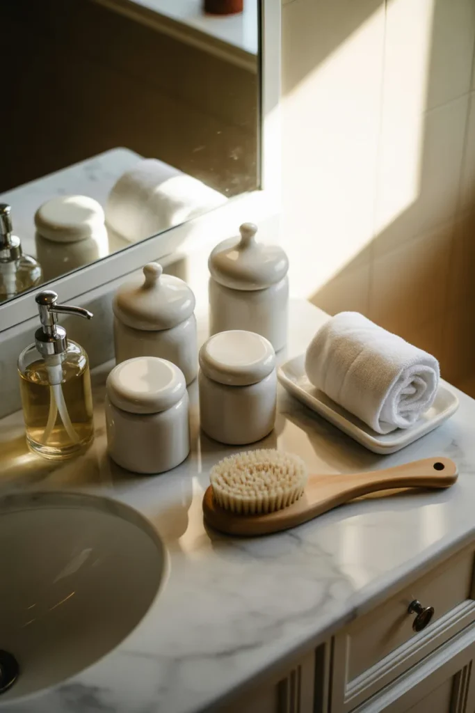 a white marble bathroom vanity countertop with five matching white ceramic apothecary-style containers of varying sizes