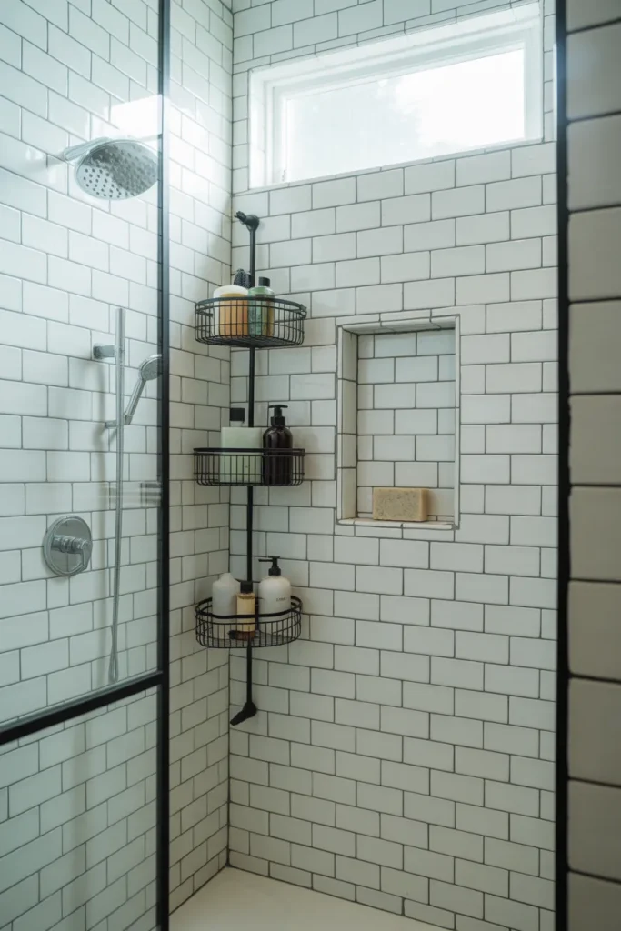 a white subway tile walk-in shower featuring a matte black metal corner