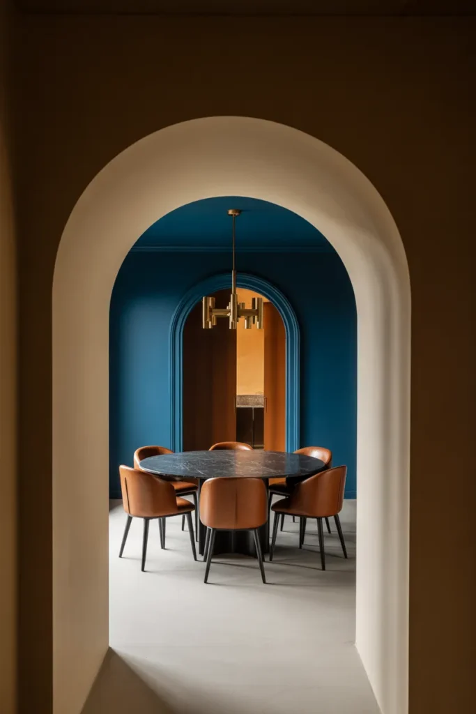 a wide plaster arched opening from the adjacent hallway