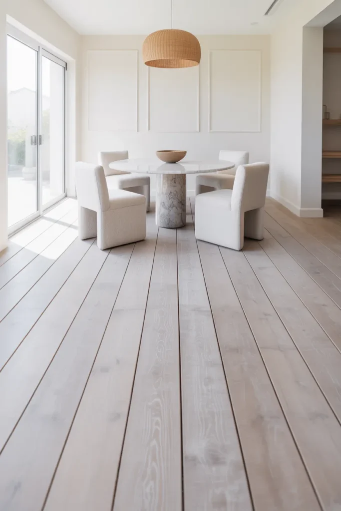 airy dining room with wide plank whitewashed oak floors