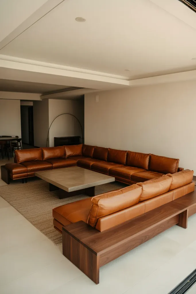 an L-shaped cognac full-grain leather sofa