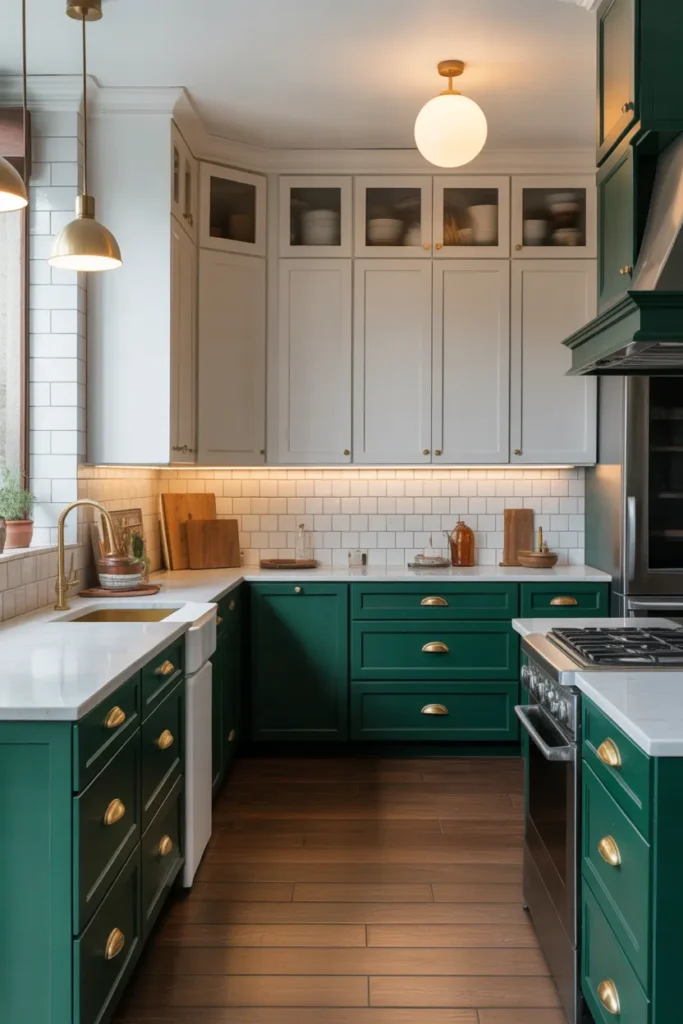 an L-shaped kitchen with deep forest green lower cabinets