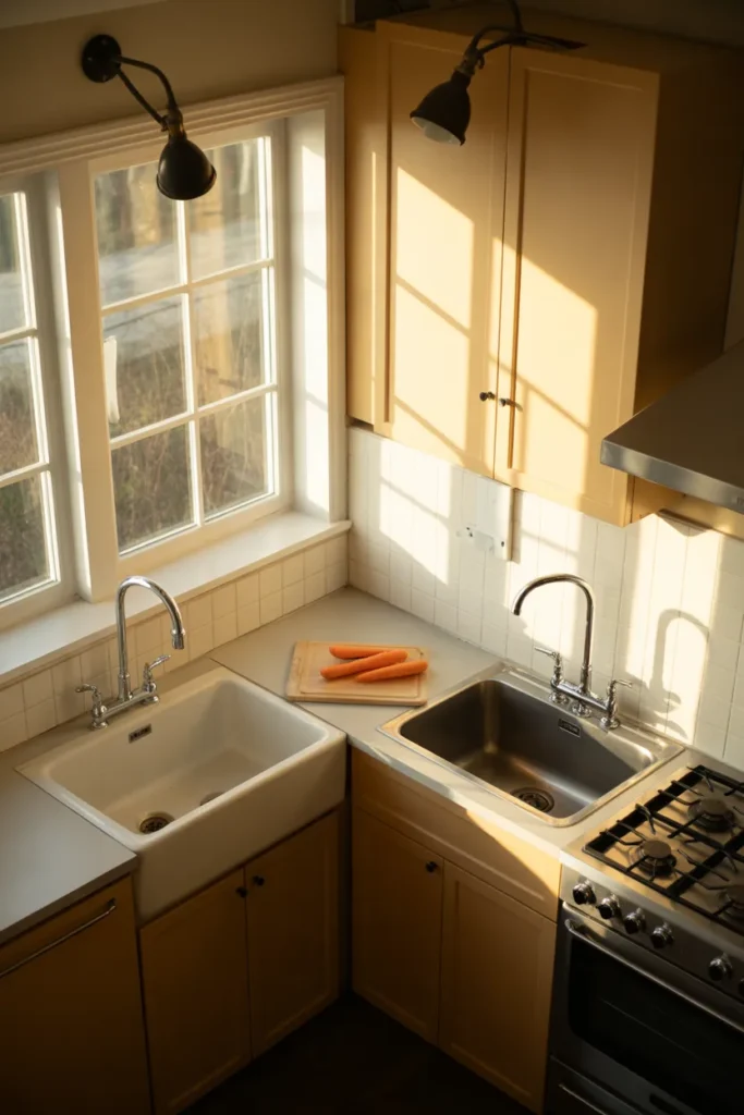 an L‑shaped kitchen with two sinks