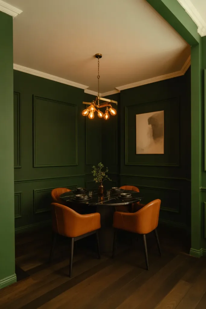 an intimate dining room with deep forest green paint