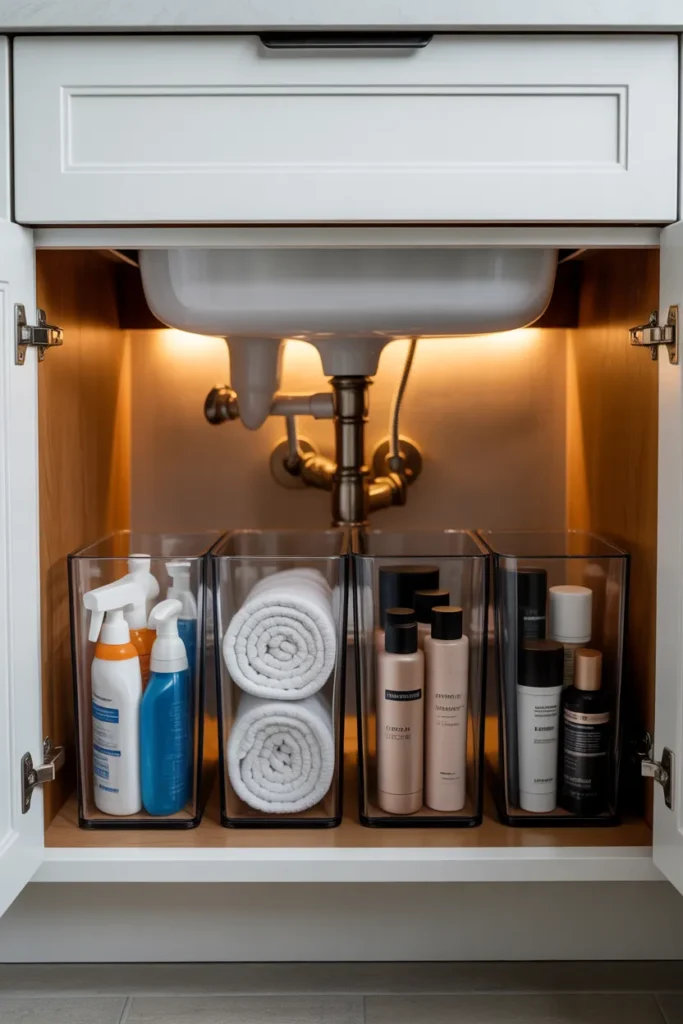 an open under-sink bathroom cabinet with four clear rectangular bins