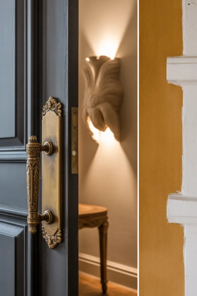 an ornate aged brass door handle on a dark painted door