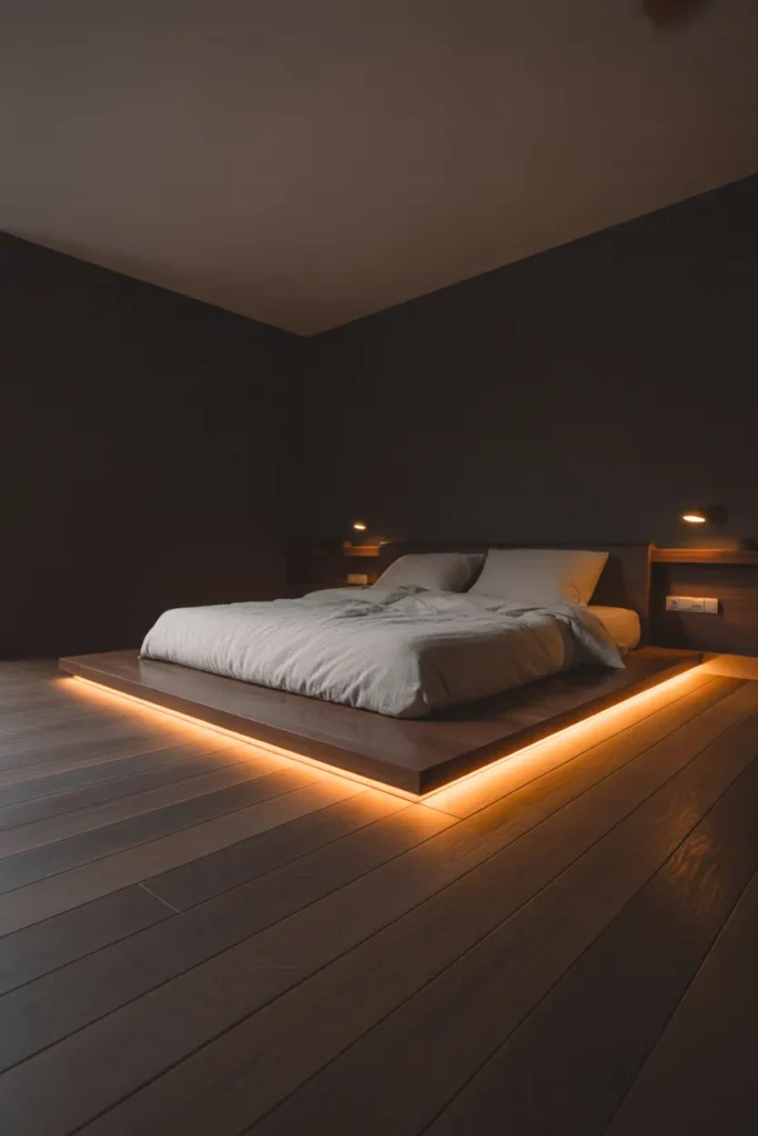 at night showing a low platform king bed